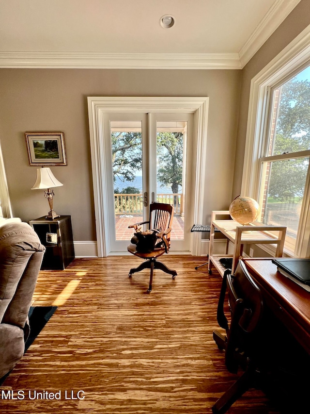 living area featuring crown molding, a healthy amount of sunlight, and hardwood / wood-style floors