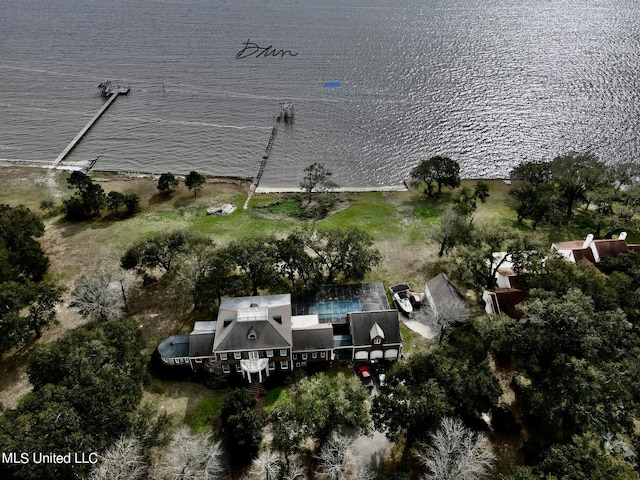 aerial view featuring a water view