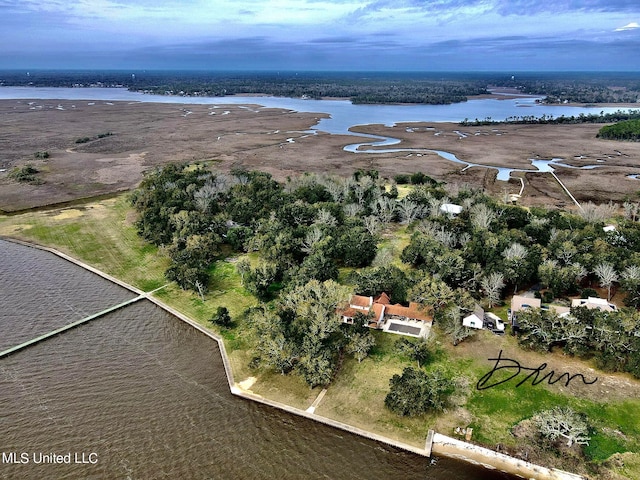 aerial view featuring a water view