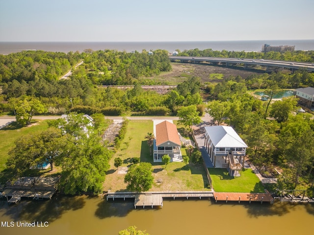 bird's eye view with a water view