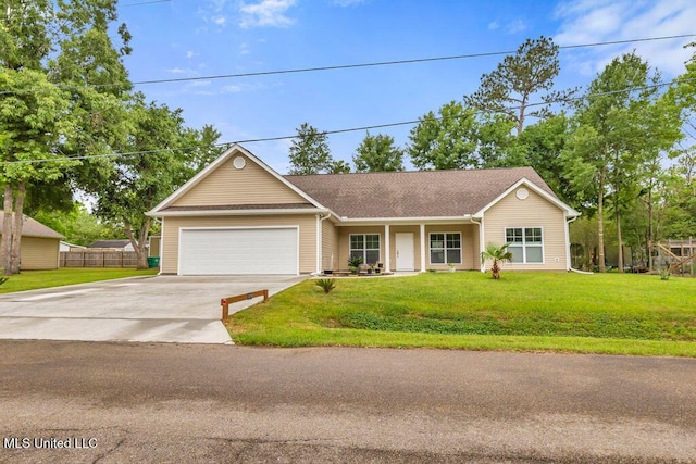 10714 Lilinoe Way, Diamondhead, MS 39525 - ranch-style home with a front lawn, covered porch, concrete driveway, a garage, and fence