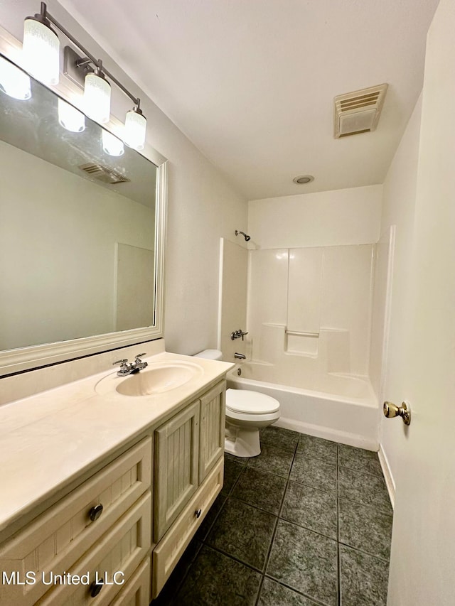 full bathroom with vanity, bathing tub / shower combination, toilet, and tile patterned flooring