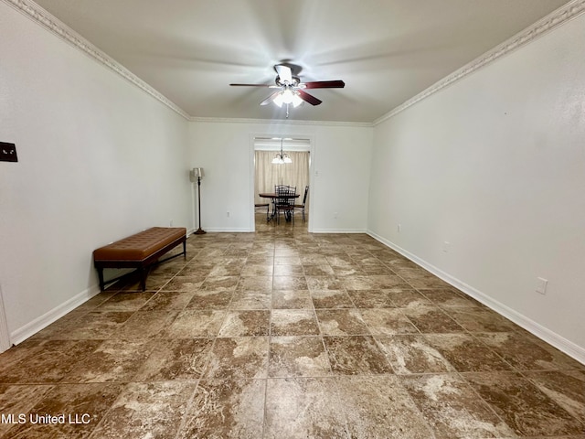 spare room with ornamental molding and ceiling fan with notable chandelier