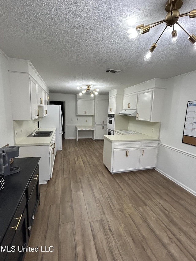 507 Reed Dr, Cleveland, MS 38732 - kitchen with under cabinet range hood, white cabinetry, light countertops, dark wood-style flooring, and a textured ceiling