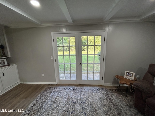 507 Reed Dr, Cleveland, MS 38732 - doorway featuring french doors, wood finished floors, beamed ceiling, baseboards, and crown molding