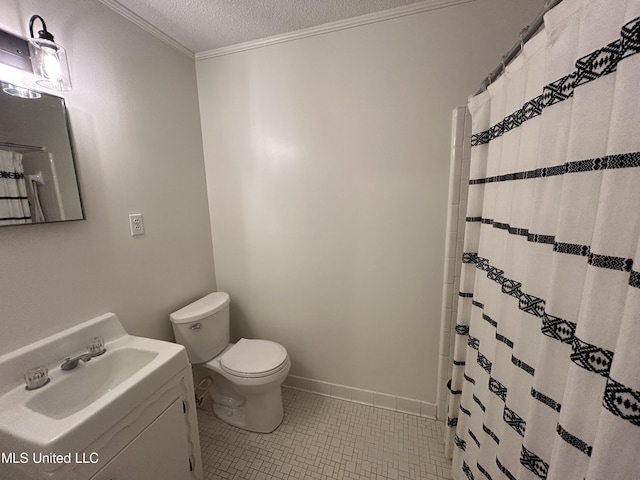 507 Reed Dr, Cleveland, MS 38732 - full bathroom featuring a textured ceiling, toilet, tile patterned floors, crown molding, and vanity