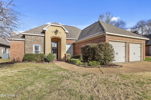 view of front of property featuring an attached garage, a shingled roof, a front lawn, central air condition unit, and brick siding