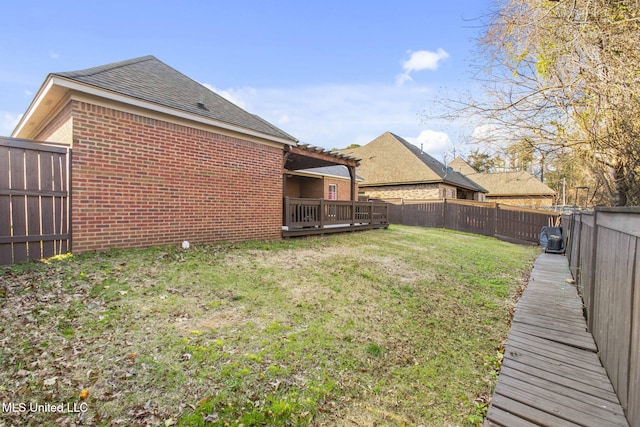 view of yard featuring a deck and a fenced backyard