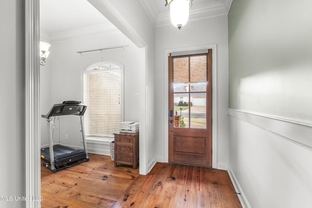 interior space with crown molding, baseboards, and wood-type flooring