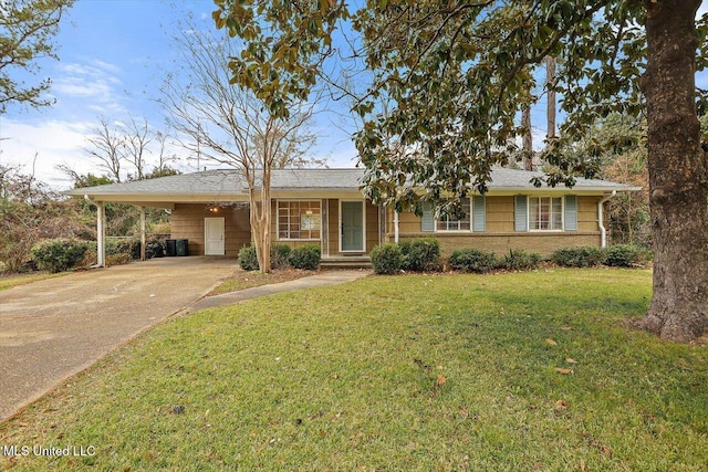 ranch-style home featuring a front yard and a carport