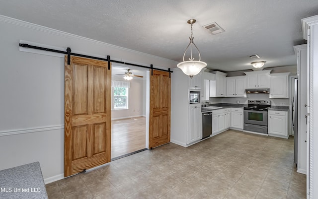 315 Church St, Madison, MS 39110 - kitchen with appliances with stainless steel finishes, a barn door, under cabinet range hood, white cabinetry, and dark countertops