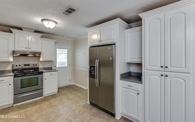 315 Church St, Madison, MS 39110 - kitchen featuring stainless steel appliances, under cabinet range hood, dark countertops, crown molding, and white cabinets