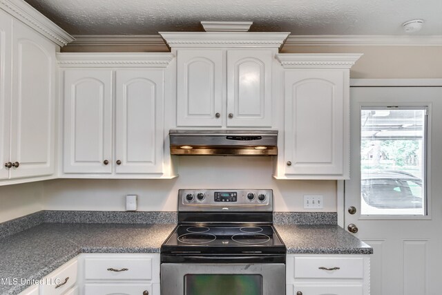 315 Church St, Madison, MS 39110 - kitchen featuring electric range, under cabinet range hood, dark countertops, white cabinetry, and a textured ceiling