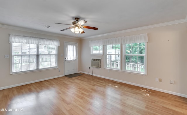 315 Church St, Madison, MS 39110 - empty room with a ceiling fan, ornamental molding, wood finished floors, an AC wall unit, and baseboards