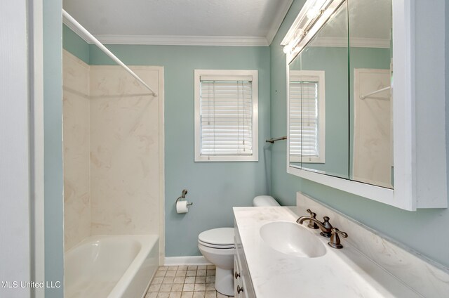315 Church St, Madison, MS 39110 - full bath with vanity, toilet, baseboards, shower / bathtub combination, and crown molding