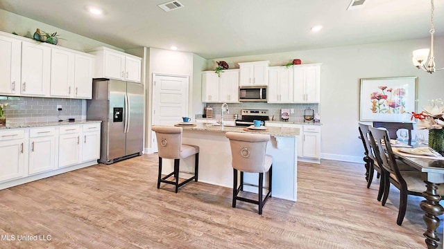 15109 Windmill Ridge Parkway, Diberville, MS 39540 - kitchen with appliances with stainless steel finishes, tasteful backsplash, light wood-style flooring, white cabinets, and recessed lighting