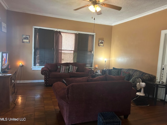 living room featuring crown molding, a textured ceiling, dark hardwood / wood-style floors, and ceiling fan