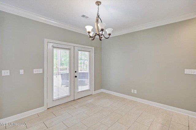 207 Keystone Pl, Brandon, MS 39042 - empty room featuring a chandelier, french doors, crown molding, and baseboards