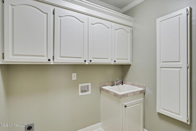 207 Keystone Pl, Brandon, MS 39042 - washroom featuring hookup for a washing machine, cabinet space, electric dryer hookup, crown molding, and baseboards