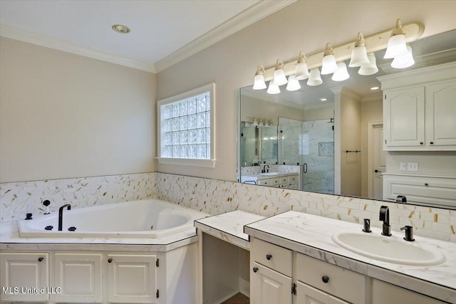 207 Keystone Pl, Brandon, MS 39042 - bathroom with a shower stall, crown molding, vanity, a tub with jets, and recessed lighting