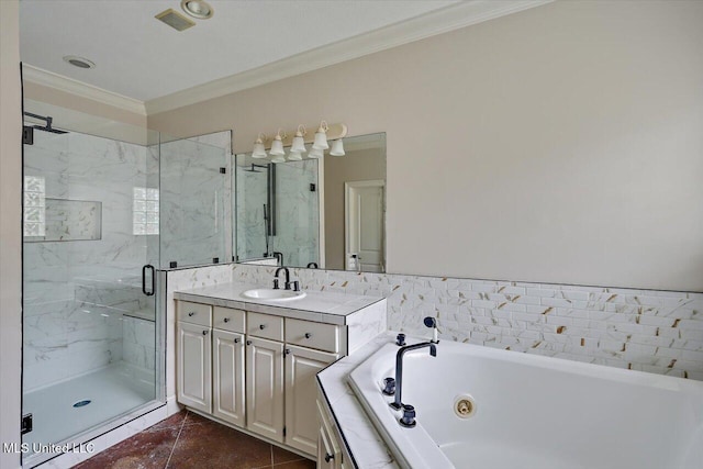 207 Keystone Pl, Brandon, MS 39042 - bathroom with crown molding, a marble finish shower, a whirlpool tub, vanity, and tile patterned flooring