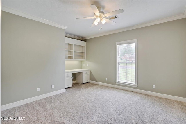 207 Keystone Pl, Brandon, MS 39042 - unfurnished office with ornamental molding, ceiling fan, light colored carpet, built in study area, and baseboards