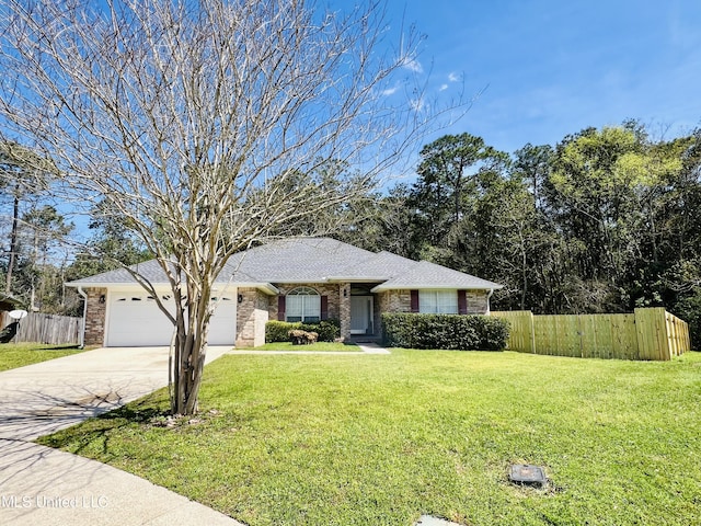 ranch-style home featuring driveway, an attached garage, fence, a front lawn, and brick siding