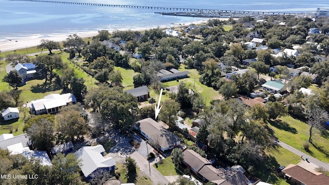 aerial view featuring a water view and a residential view