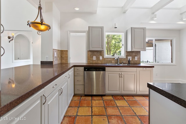 kitchen featuring decorative backsplash, beam ceiling, dishwasher, pendant lighting, and sink