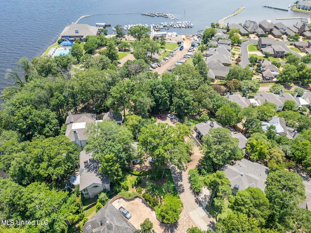 drone / aerial view featuring a water view