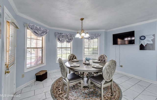 dining area featuring a textured ceiling, a wealth of natural light, crown molding, and a notable chandelier