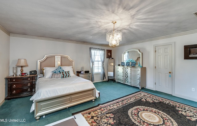 carpeted bedroom featuring a chandelier, a textured ceiling, and ornamental molding