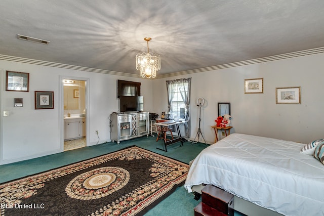 bedroom with crown molding, carpet, a chandelier, and a textured ceiling