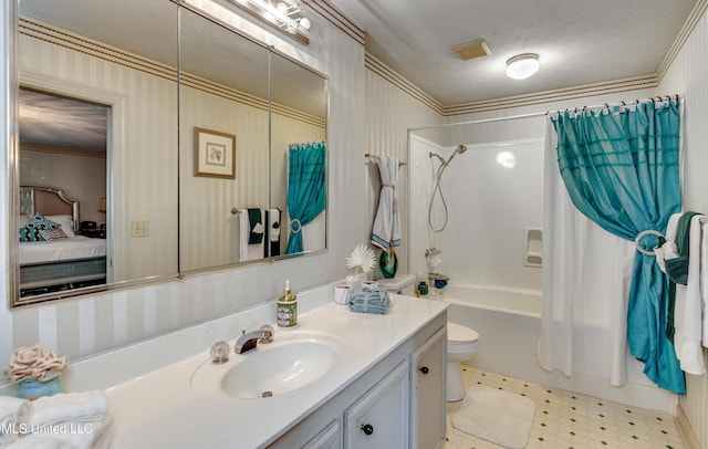 full bathroom featuring shower / bath combination with curtain, vanity, a textured ceiling, crown molding, and toilet