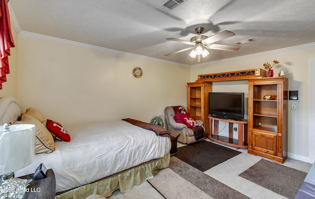 bedroom featuring carpet flooring, ceiling fan, a textured ceiling, and ornamental molding