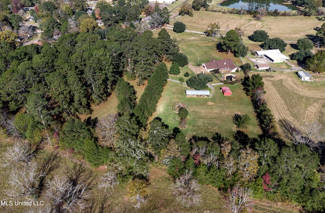 drone / aerial view with a rural view and a water view