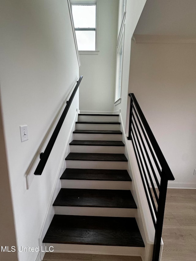 staircase featuring hardwood / wood-style flooring