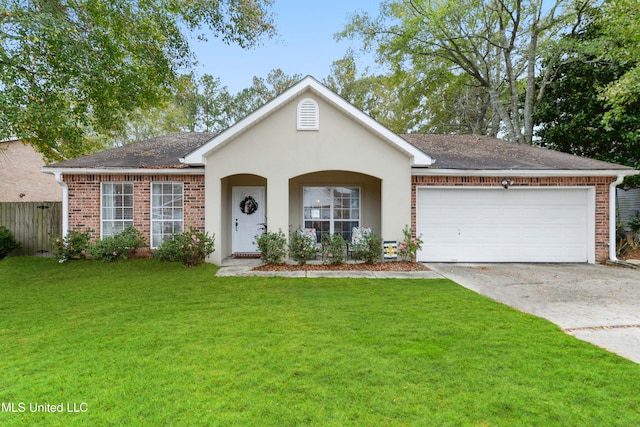 ranch-style house featuring a garage and a front lawn