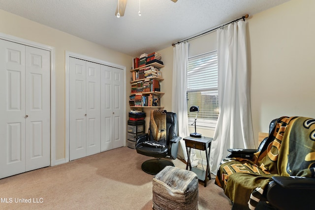 living area with a textured ceiling and light carpet