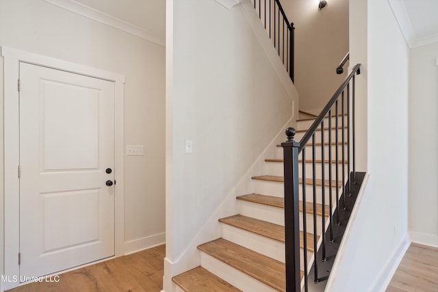 stairs featuring ornamental molding and hardwood / wood-style flooring