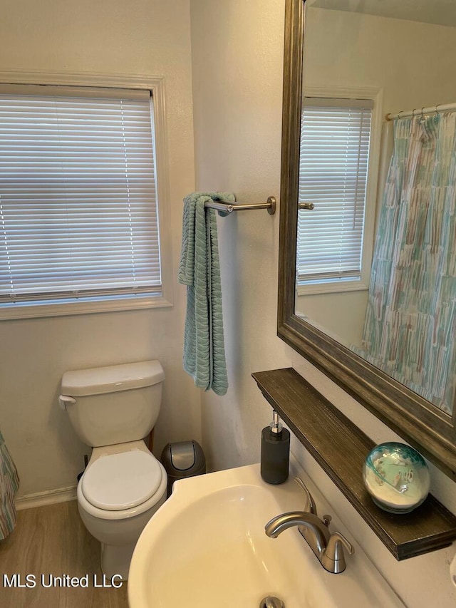 bathroom featuring walk in shower, toilet, wood-type flooring, and sink