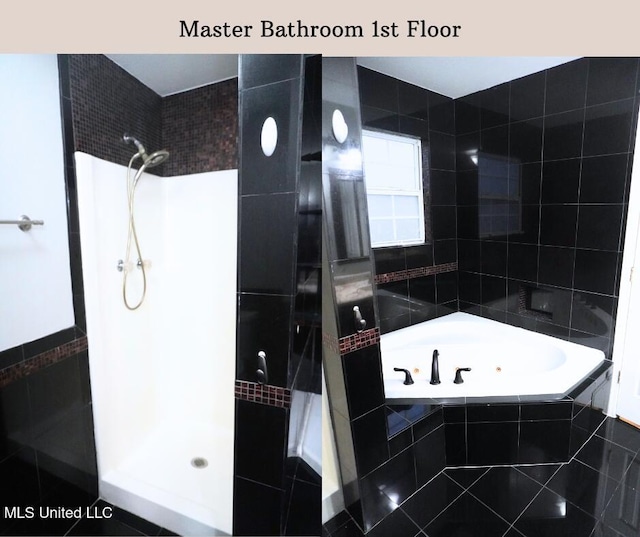 full bath with tiled shower, tile walls, and a whirlpool tub