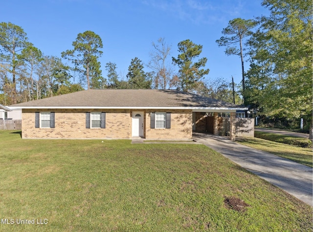 ranch-style home featuring a front yard and a carport