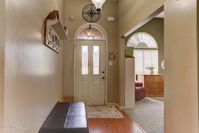 entrance foyer featuring wood finished floors, a high ceiling, and baseboards