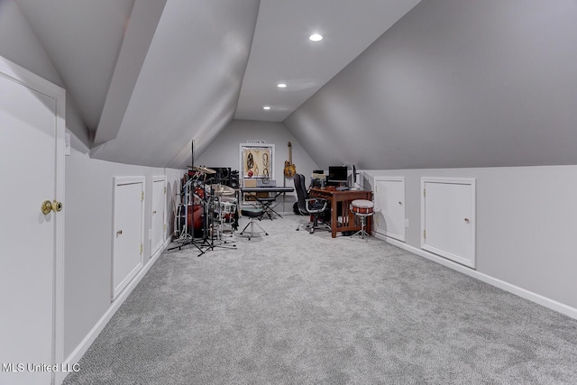 office area featuring baseboards, vaulted ceiling, carpet flooring, and recessed lighting