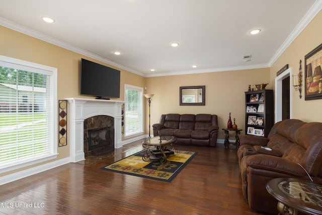 48 Harrell Rd, Hattiesburg, MS 39401 - living area with wood finished floors, baseboards, crown molding, a fireplace, and recessed lighting