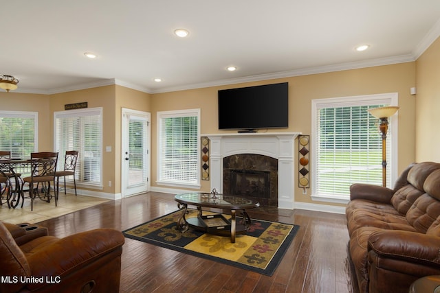 48 Harrell Rd, Hattiesburg, MS 39401 - living room featuring baseboards, wood-type flooring, a high end fireplace, plenty of natural light, and crown molding