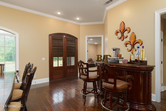 48 Harrell Rd, Hattiesburg, MS 39401 - indoor dry bar with crown molding, dark wood-style floors, baseboards, and recessed lighting