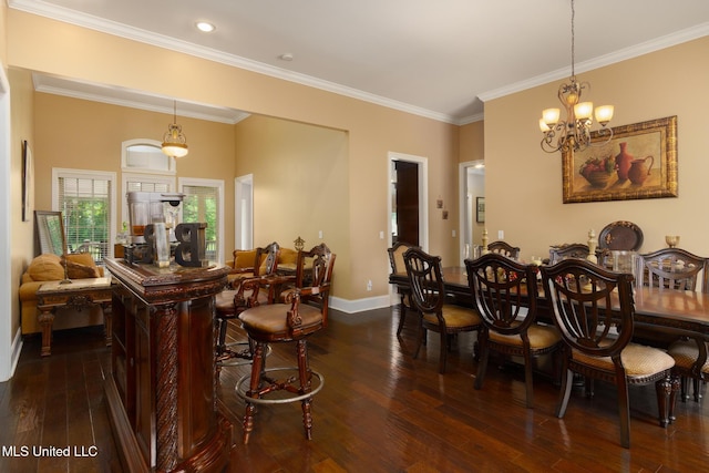 48 Harrell Rd, Hattiesburg, MS 39401 - dining room featuring dark wood-style floors, crown molding, a chandelier, baseboards, and recessed lighting