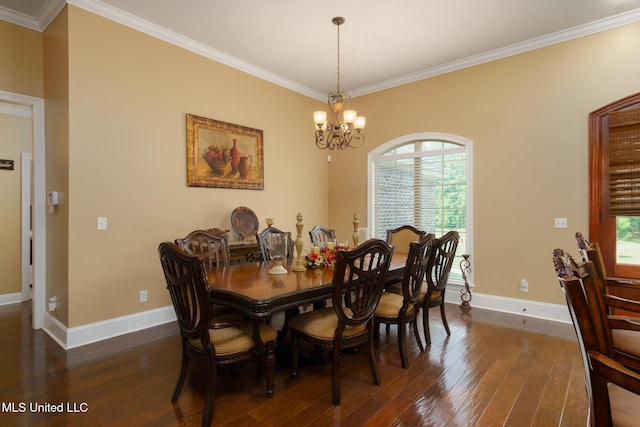 48 Harrell Rd, Hattiesburg, MS 39401 - dining area with a chandelier, ornamental molding, baseboards, and dark wood-type flooring